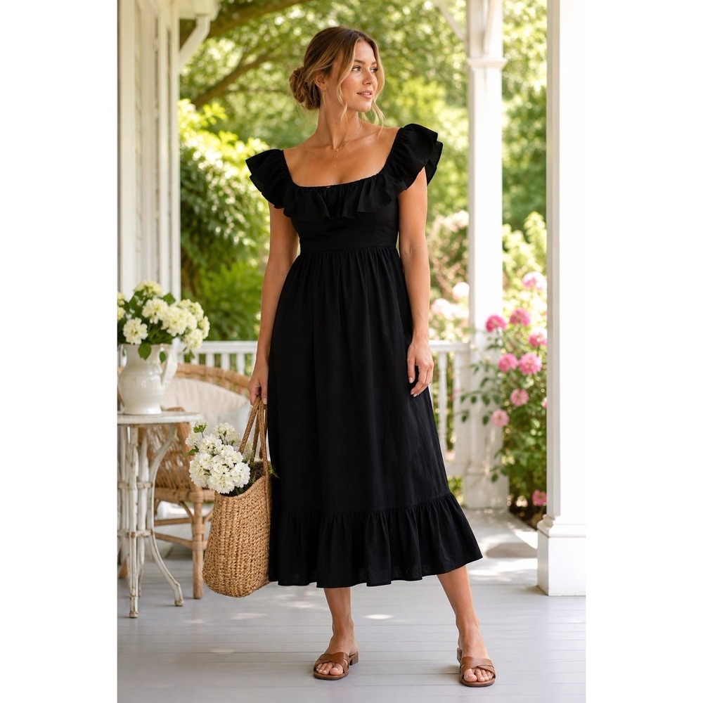 Tuckernuck Hyacinth House Sundress‎ XL Midi Mica Black Ruffle Pockets Smocked